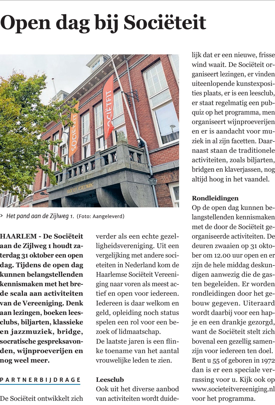Artikel 'Open dag bij Sociëteit' in de krant